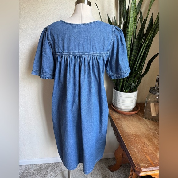 Vintage Denim Dress Nautical Embroidery Pockets Coastal Grandma L - Picture 8 of 10